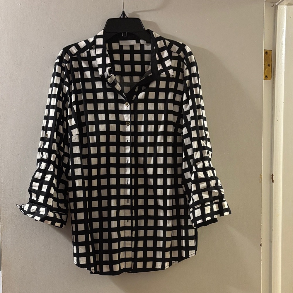 New York & Company Black and White Grid Button Down Shirt